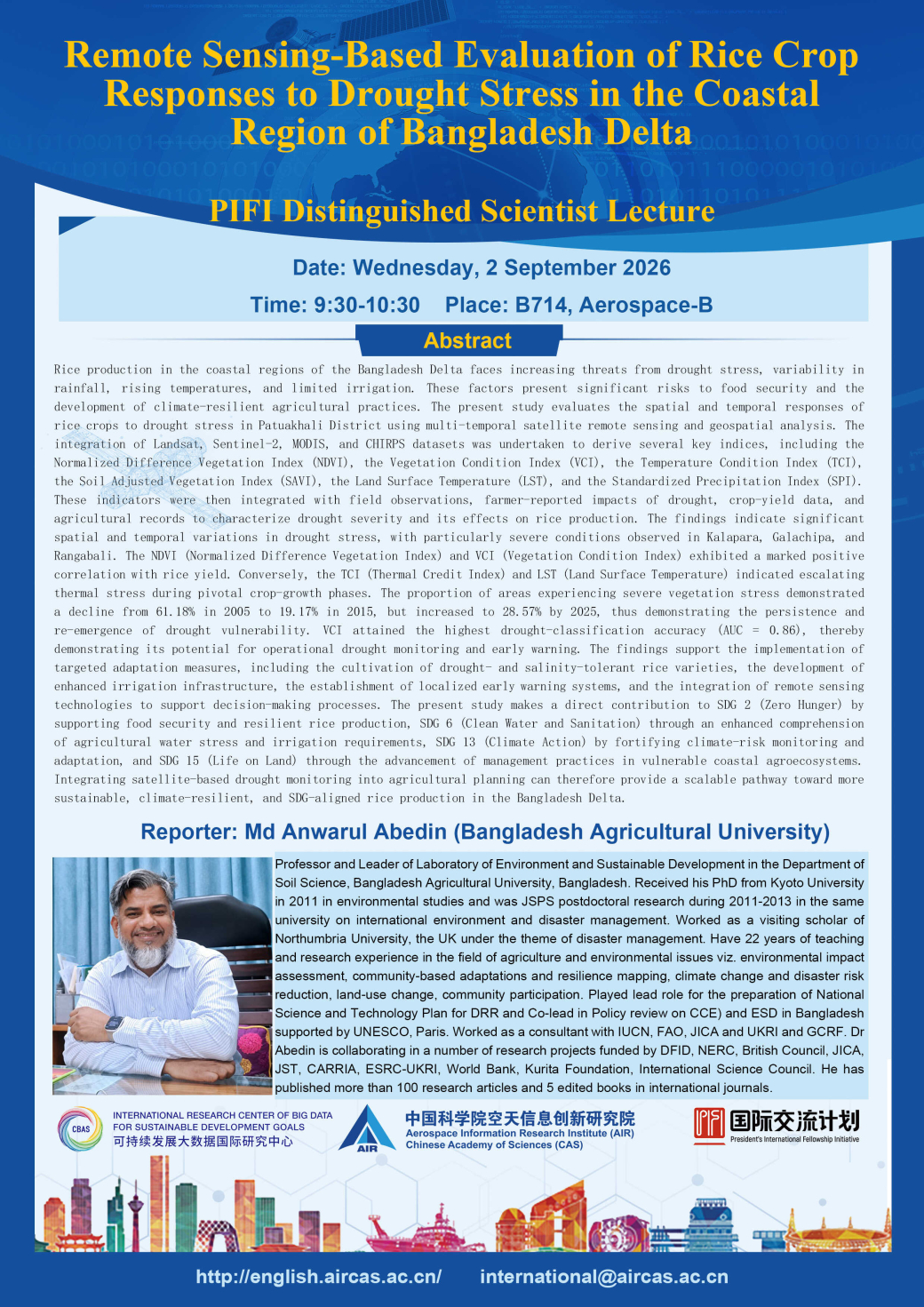 PIFI Seminar: Remote Sensing-Based Evaluation of Rice Crop Responses to Drought Stress in the Coastal Region of Bangladesh Delta